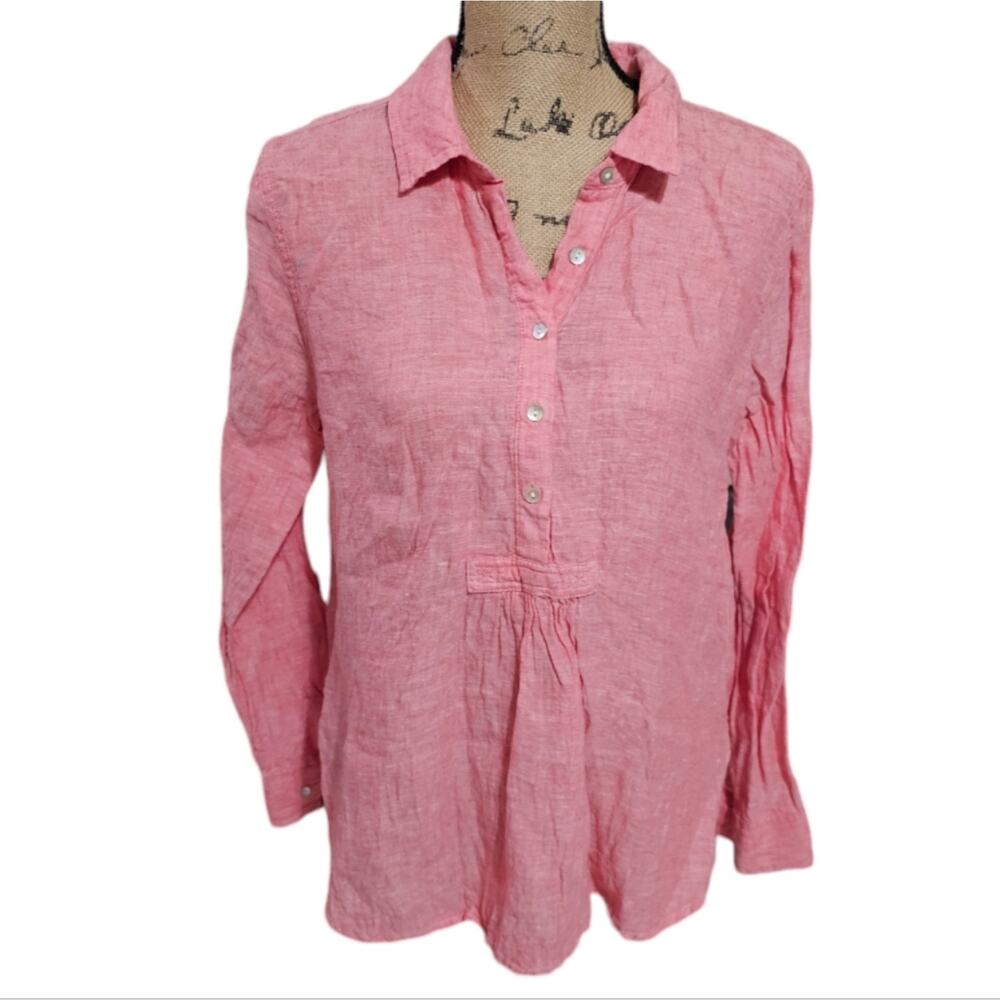 Jones new York Pink 100% linen Gathered Babydoll Shirt Size Medium
